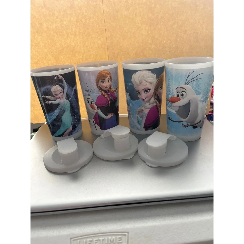 Tupperware Disney Frozen Plastic Tumbler Set Elsa Anna Olaf Cups with 3 lids.